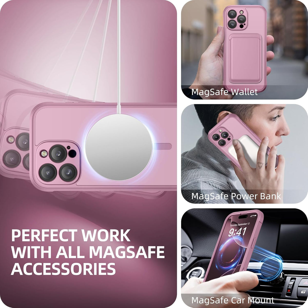 BERFY Magnetic for iPhone 16 Pro Max Case, Compatible with MagSafe, [Built-in 9H Tempered Glass Screen Protector & Camera Protection] Full Body Matte Phone case for 16 Pro Max, Palevioletred