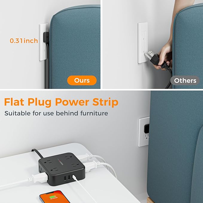 TESSAN Surge Protector Power Strip, 5 Ft Flat Plug Extension Cord with 3 USB (1 USB C) 8 Outlets, 900J Protection, 3 Sided Outlet Extender with Power Switch for Office, Dorm Room, Black