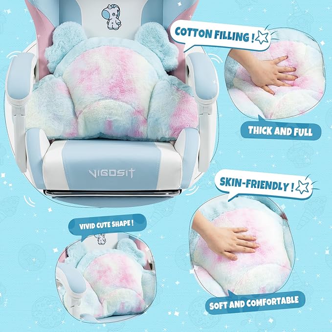 Cute Cat Ears Gaming Chair Girly Ergonomic Computer Chair with High Back 360° Swivel Office Computer Chair with Footrest and Paw Lumbar Cushion for Teens Girls Women (Pink Blue)