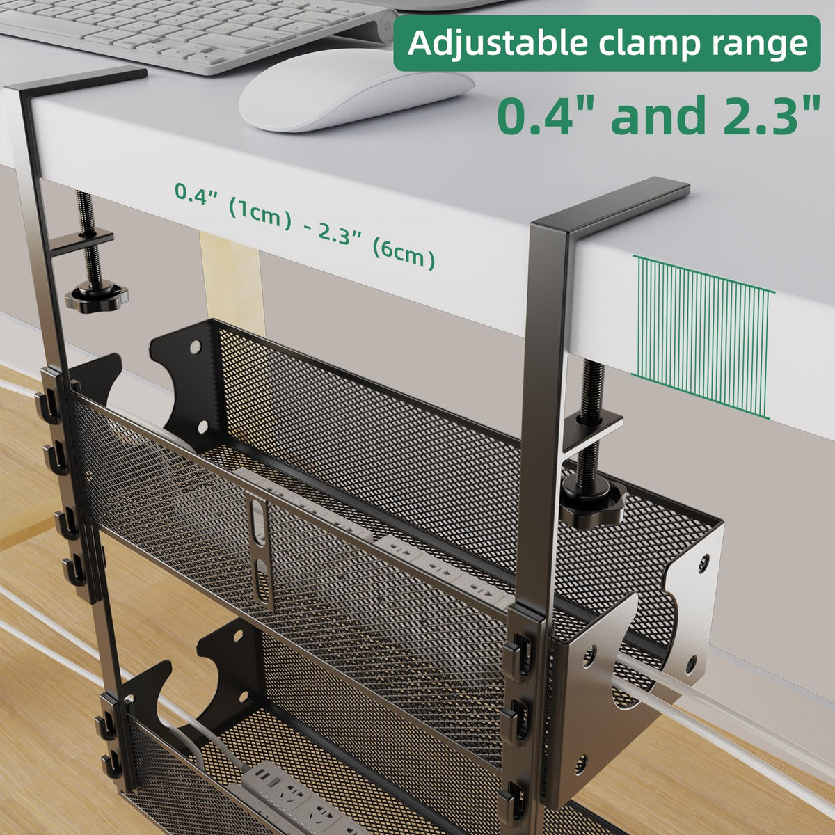 Multi-Model Under Desk Cable Management Tray 2 Packs Metal Under Desk Wire Management Clamp Mount Under Table Cord Management No Damage The Desk (Black)