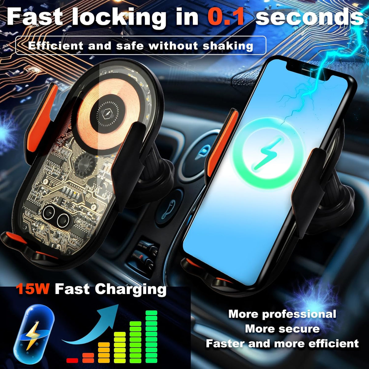 Car Phone Holder, Wireless Car Charger Air Vent Auto-Clamp Cell Phone Car Mount with Metal Hook Clip, 360° Rotation - One Button Release for iPhone, Samsung, Google, and All Other Smartphones