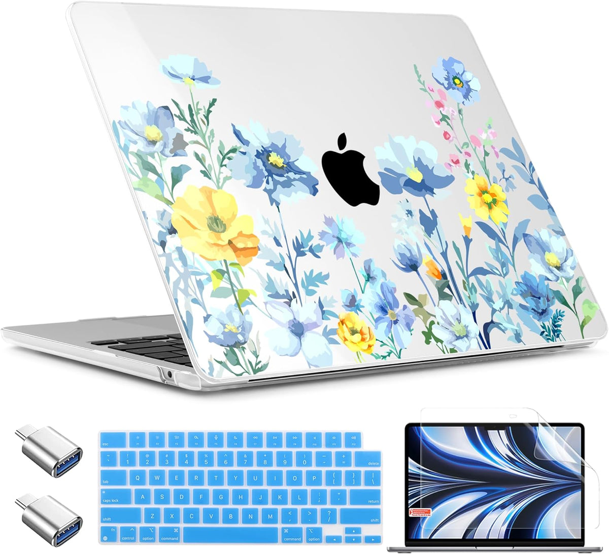 TWOLSKOO Compatible with M4 MacBook Air 15 inch Case 2025-2023 Released Model M4 A3241 M3 A3114 M2 A2941, Plastic Hard Shell & Screen Protector & Keyboard Cover & Type C Adapter, Blue Flowers