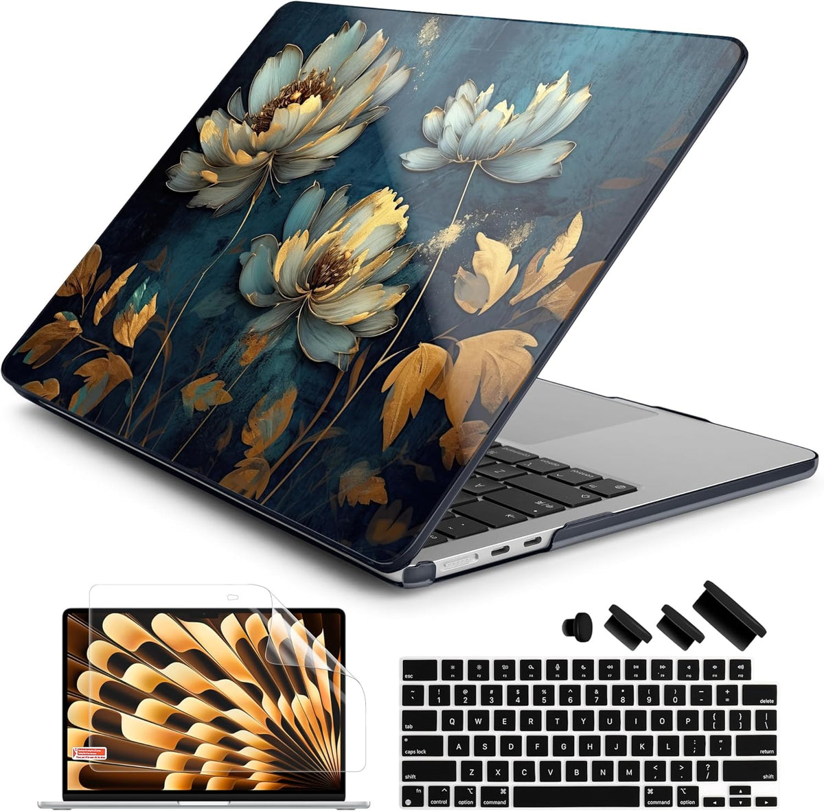 Batianda Premium Case for New MacBook Air 15 inch 2025 2024 2023 with M4 M3 M2 Chip, Designed Black Protective Plastic Hardshell & Keyboard Cover & Screen Protector, Blooming Flowers