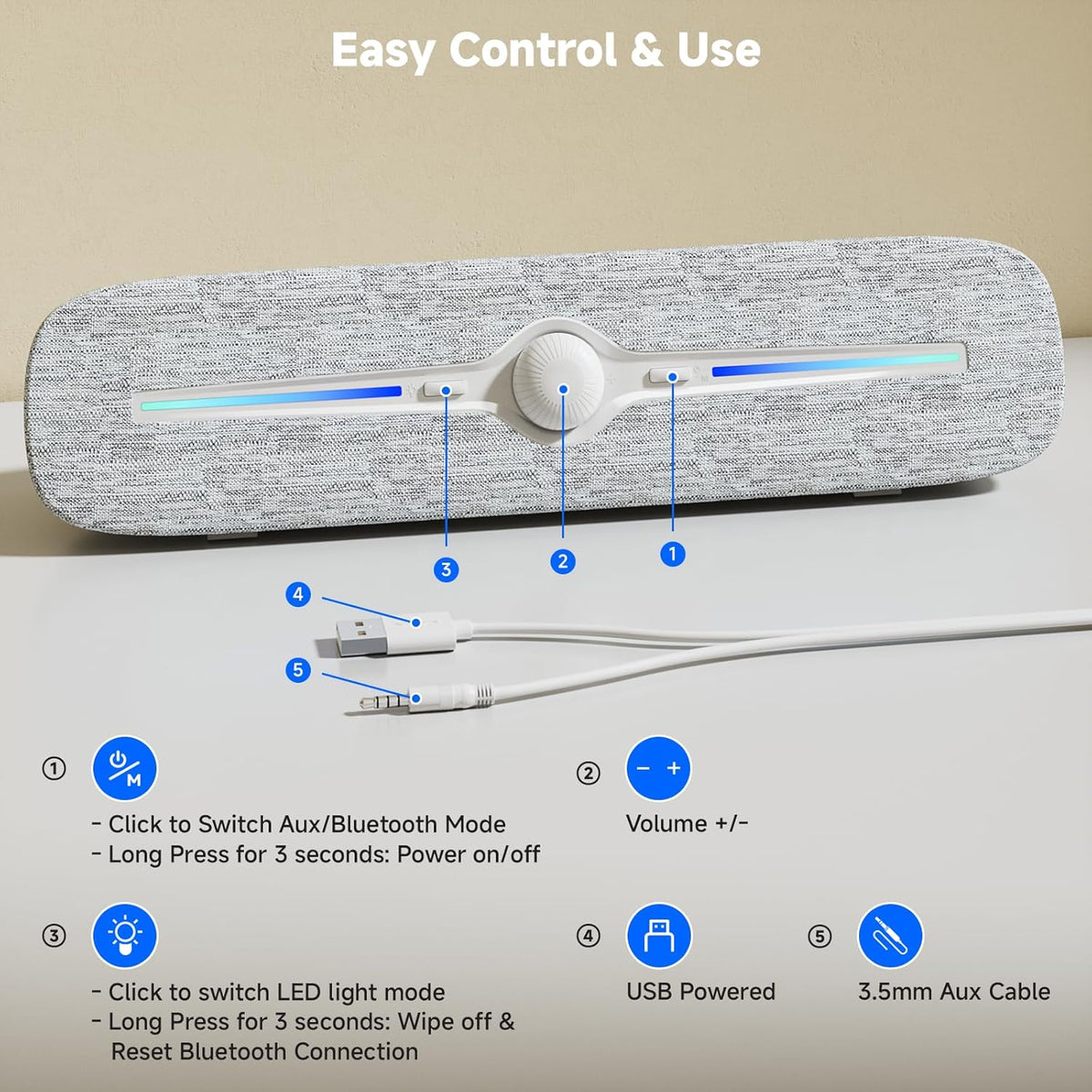 SOULION R90 Bluetooth Computer Speakers for Desktop, USB Powered 3.5mm AUX PC Speakers with LED Dynamic Light, Portable Soundbar Speaker with Rotary Volume Control for Laptop Monitor, White