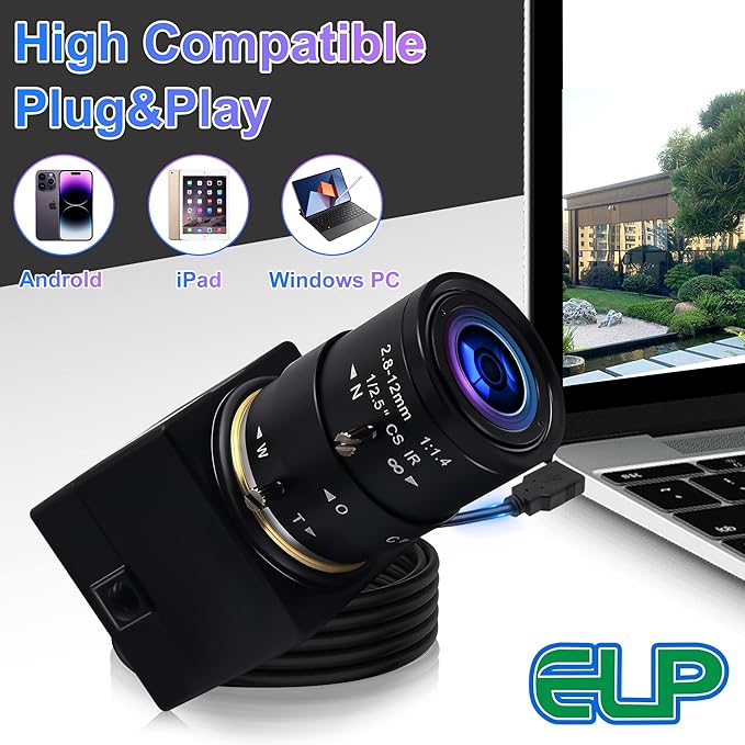 5mp USB Camera with Zoom 2.8-12mm Lens Webcam Variable Focus PC Camera Mini UVC USB2.0 USB with Camera for Computer Manual Zoom Close-up Camera Industrial Varifocal Web Camera for Raspberry Pi Laptop