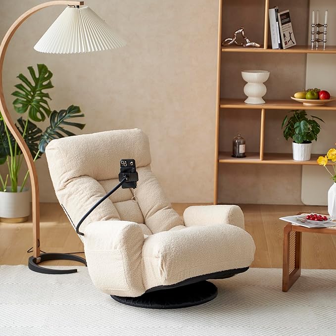 Gaming Chair Floor Sofa 360° Swivel Gaming Lounge Chair with Adjustable Backrest &amp Armrests Game Chair w/Phone Holder &amp Side Pocket Teddy Fluffy Recliner for Bedroom Living Room Dorm (Beige