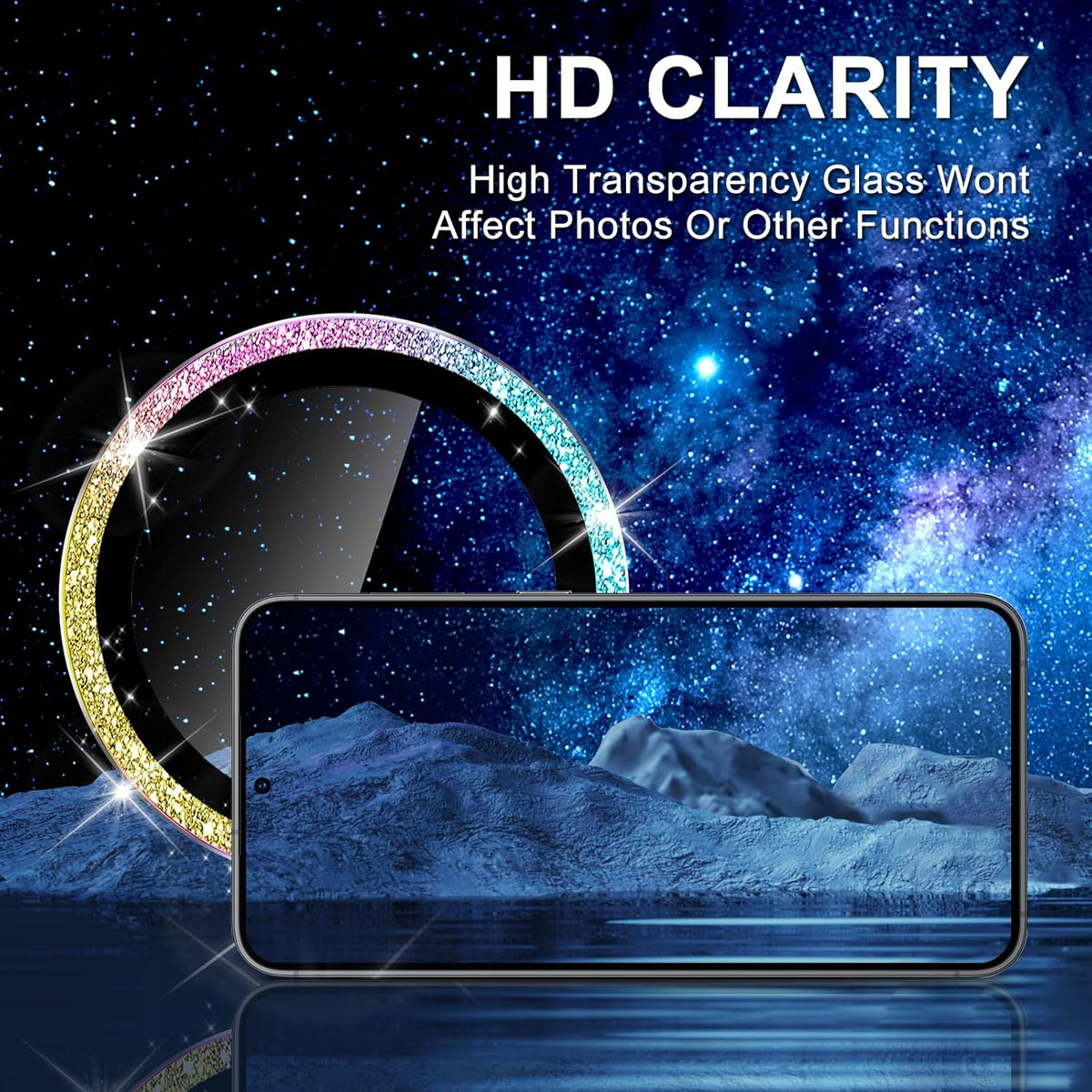 for Samsung Galaxy S24 Camera Lens Protector, Individual Metal Ring Tempered Glass Lens Cover, [Strong Adsorption] Scratch Resistant Ultra-Thin HD Clear Lens Cover, 1 Set-Colorful Sparkly