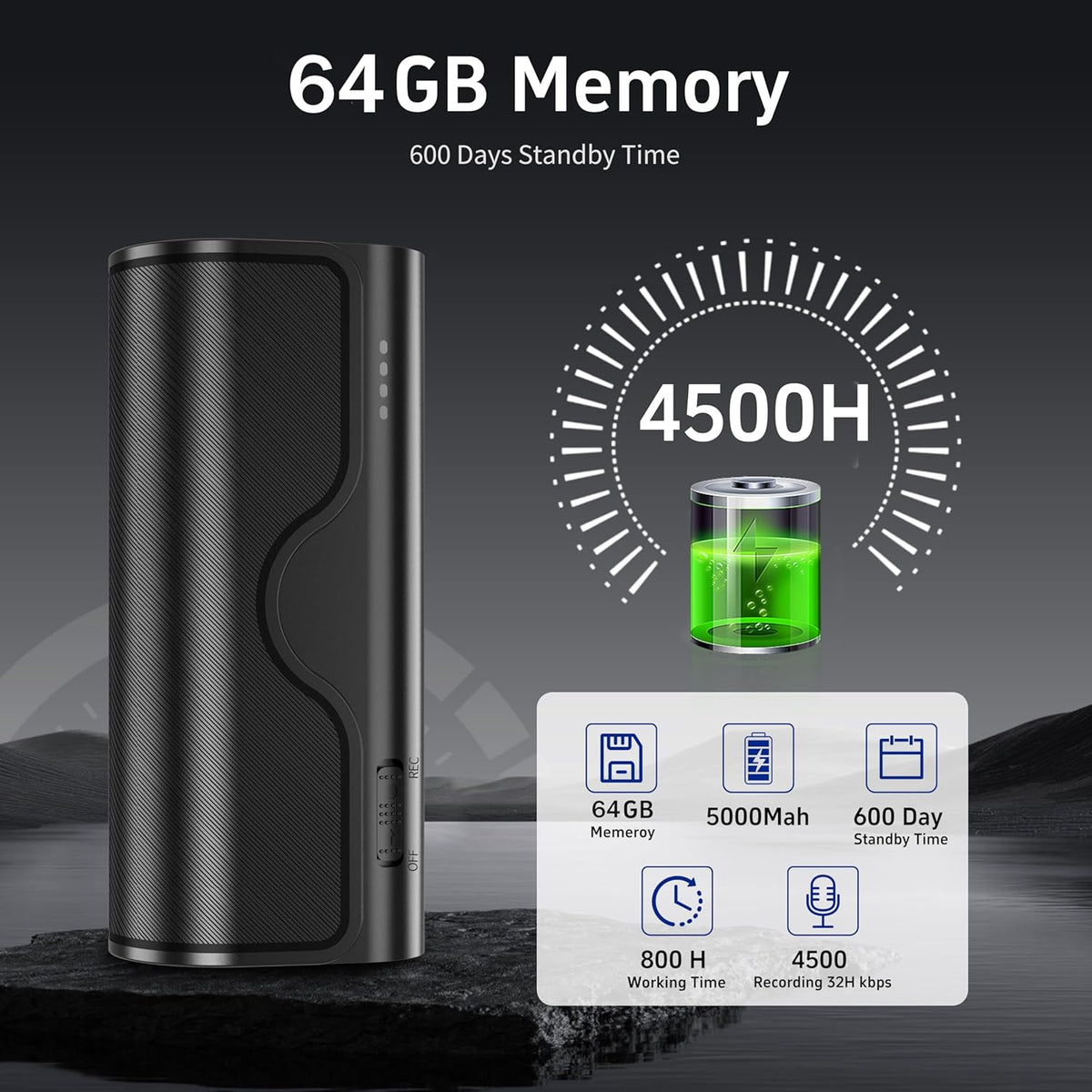 64GB Magnetic Voice Recorder, 800H/35 Days Continuous Recording, Voice Activated Audio Recorder with Stereo Mic, Portable for Lectures, Meetings, Interviews (Black)