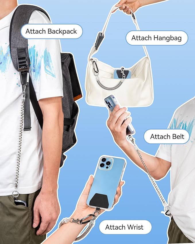 SHANSHUI Phone Lanyard Tether, Stretchy Phone Strap Patch Anchor Outdoor Climbing Hook Compatible for Most Smartphones - Sliver X2