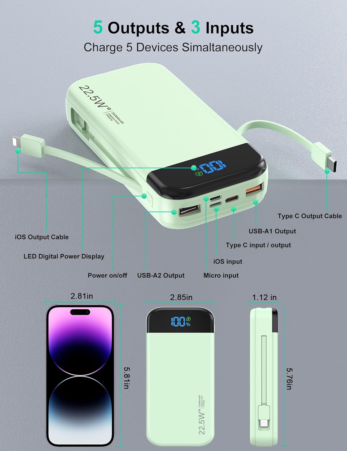 Portable Charger Power Bank 32000mAh with Built in Cables, PD3.0 USB C Fast Phone Charger, 5 Outputs LCD Display Travel Battery Pack Compatible with iPhone, Samsung All Cell Phones (Green)
