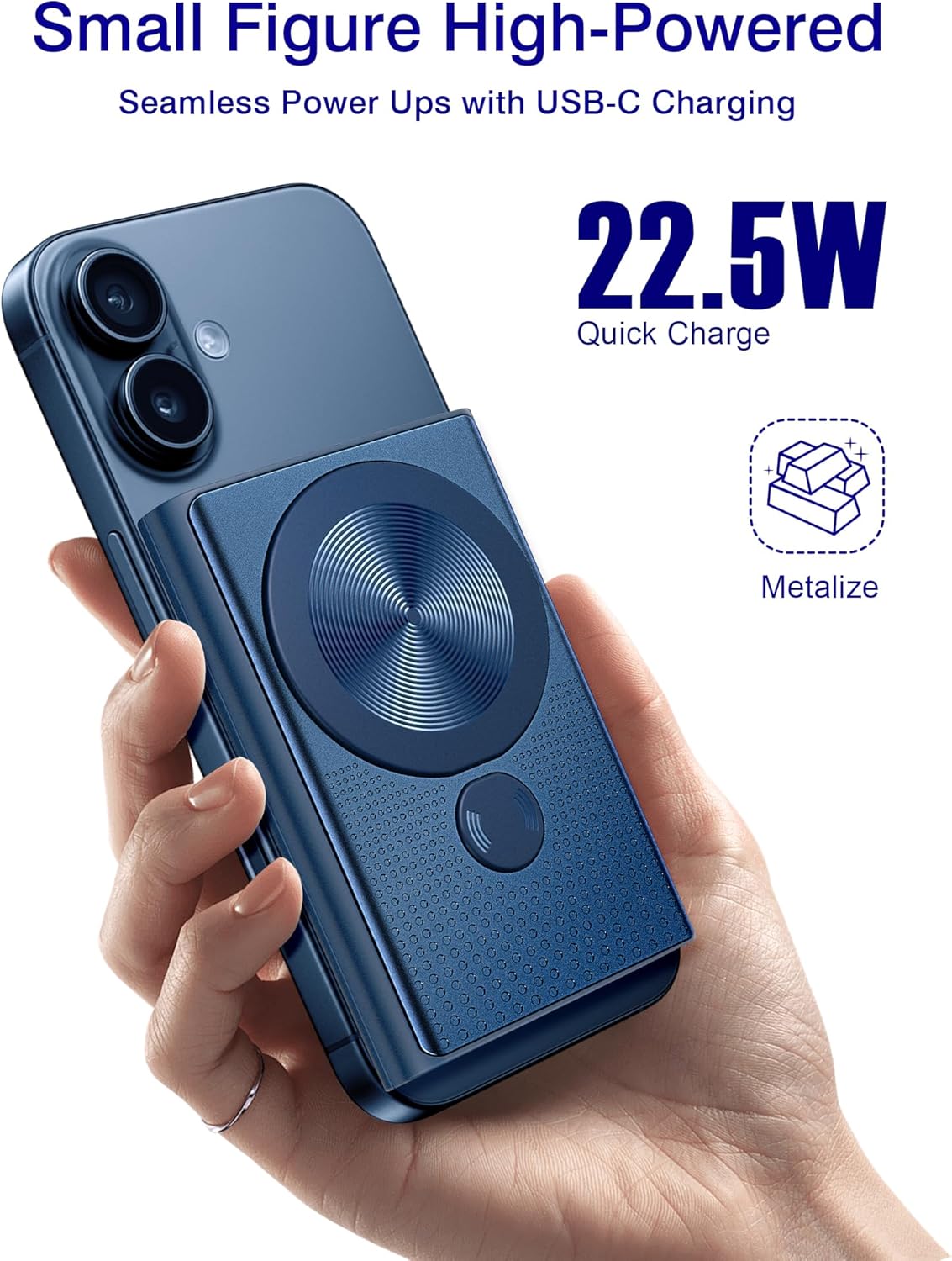 Kesguar Magnetic Portable Charger, 10000mAh 22.5W PD Super Fast Charging Wireless Power Bank. Ultra-Strong Magnet, USB C in&Out Battery Pack for Magsafe, iPhone 16/15/14/13/12 Pro Series, Dark Blue