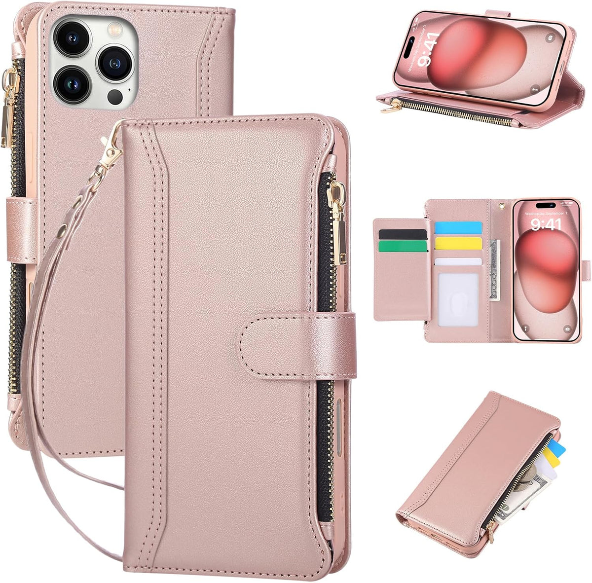 Compatible with iPhone 14 Pro Max Wallet Phone Case-PU Leather Magnetic Flip Cover with Credit Card Slots,Zipper Pocket & Detachable Wrist Strap,Shockproof Design,for Women and Men-Pink