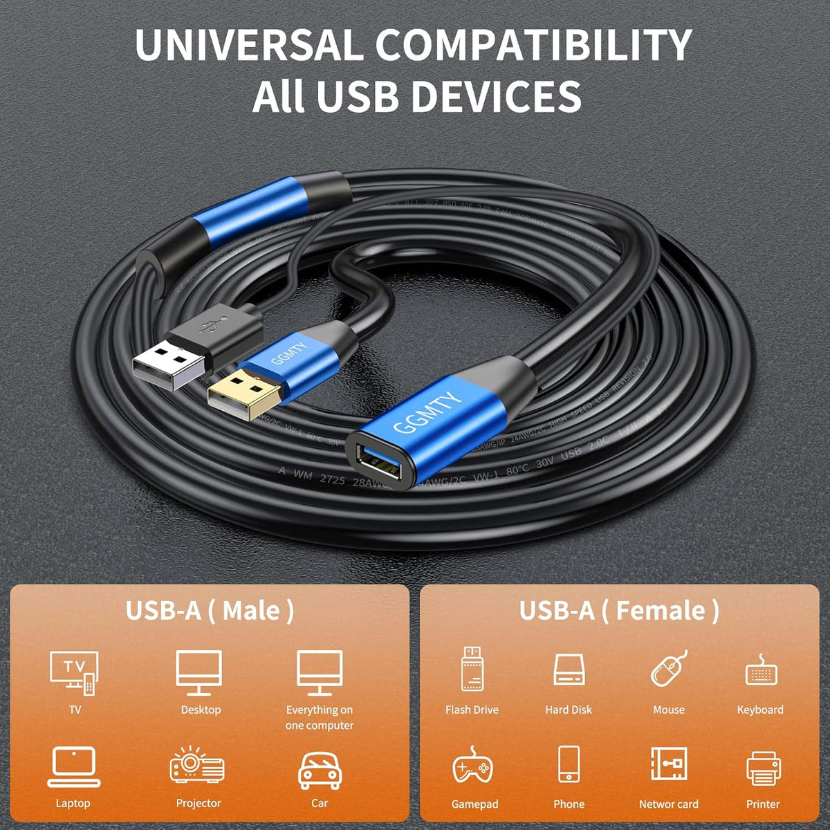 GGMTY 2.0 75ft, 480 USB Type A Male to A Female Active Repeater Extension Cable High Speed Mbps