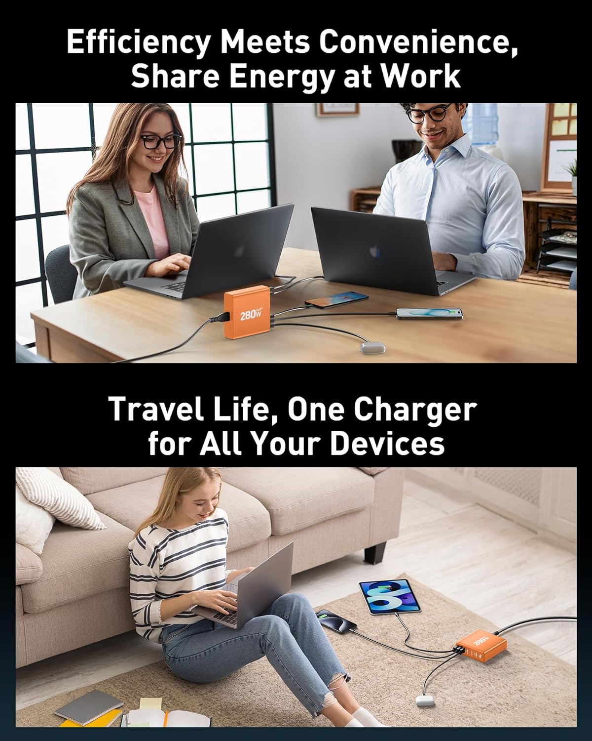 280W USB C Charger Block, 8-Port USB C Charging Station GaN III PD 65W Laptop Charger Adapter Compatible with MacBookPro/Air,DELL,iPad,Portable Charging Station for iPhone,Samsung Galaxy(Orange)