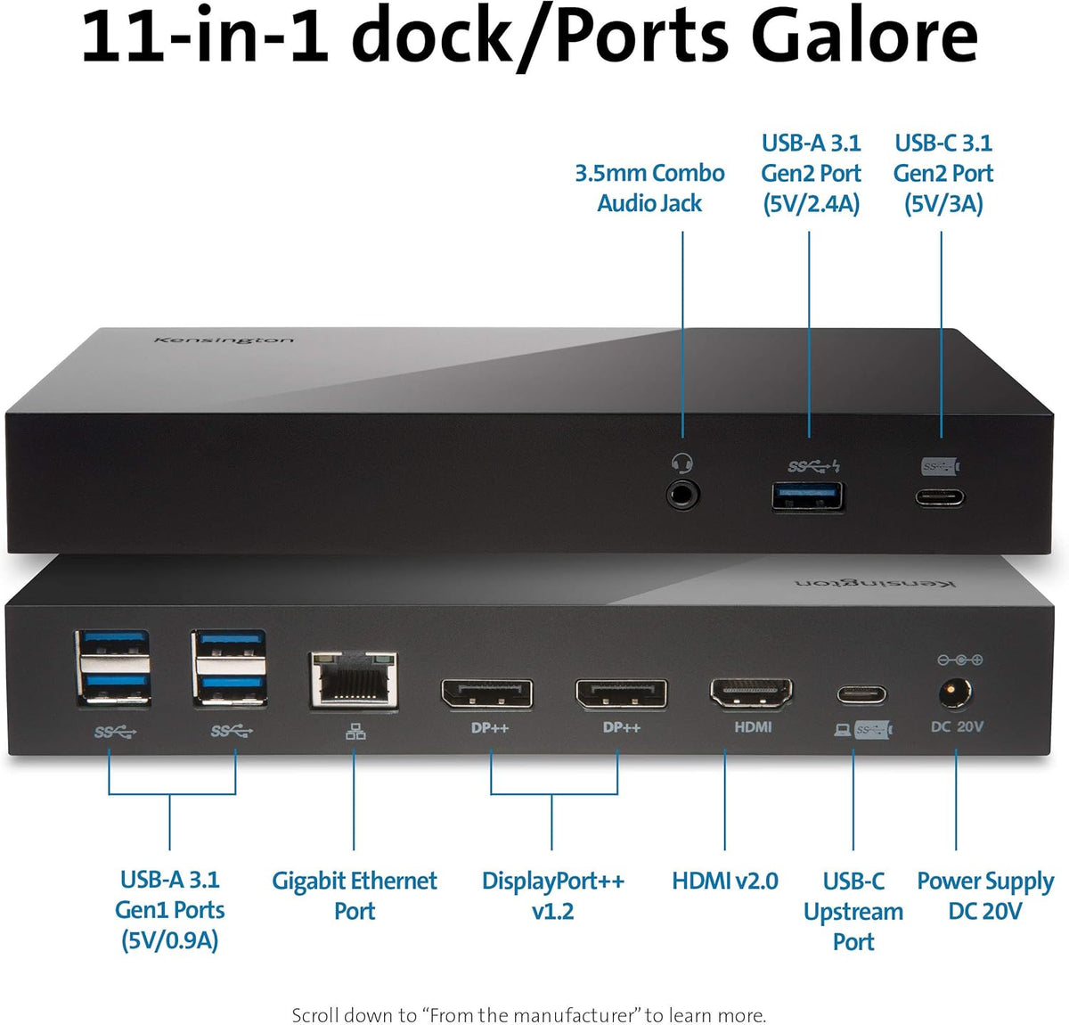 Kensington SD4820P USB-C Docking Station for Dell, HP, Lenovo, Surface, PixelBook, Pixel Slate- Dual 4K Video, 60W PD (K38042US)