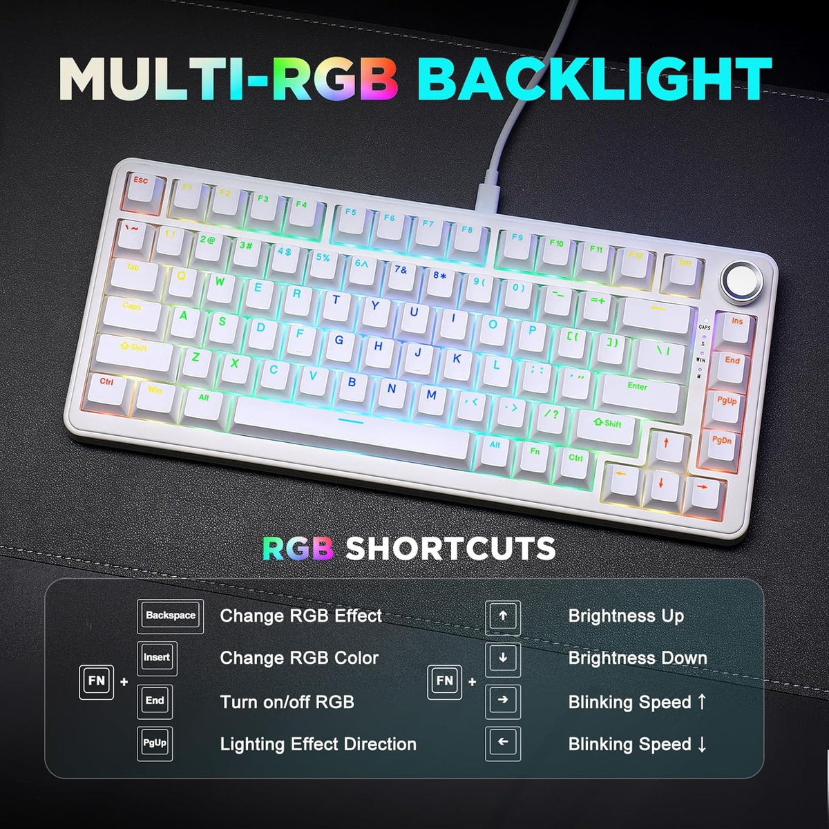 YUNZII B75 Mechanical Keyboard,75% Layout with Knob,Hot Swappable RGB Backlit Gasket Mounted, Creamy Typing, Double-Shot PBT Keycaps,Cherry Profile,for Win/Mac (White, Milk V2 Linear Switch)