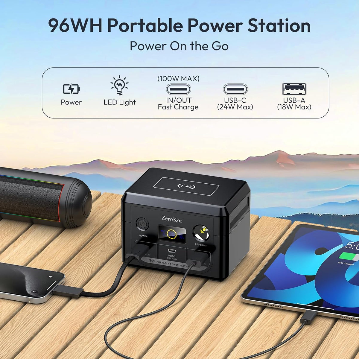 Solar Power Bank with AC Outlet 110V 65W, 100W USB C Power Bank Fast Charging Battery Pack with 30W solar charger Panel Foldable for Laptop Smart Device Outdoor Hilking fishing Power Outage Backup
