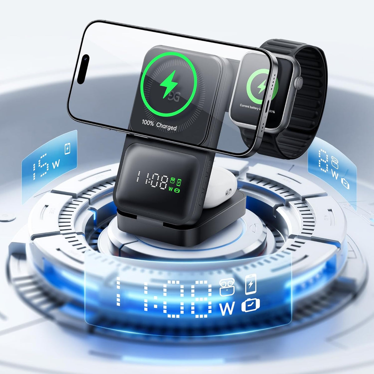 GUSGU MagTime 3 in 1 Wireless Charging Station with Real-Time Power and Time Display, Foldable Wireless Charger Stand, Compatible with iPhone 16/15/14/13/12, iWatch S1-10/Ultra, AirPods-Black