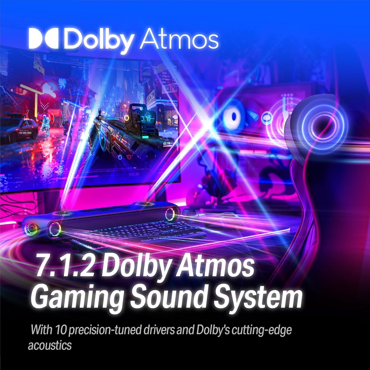 OXS Thunder Pro+ Gaming Soundbar with Wireless Satellite Neck Speaker, 7.1.2 Dolby Atmos Surround Sound System, Built-in Woofer, App Customization, RGB Effects, 3 Pro Gamer Modes, Sleek Toggle Design