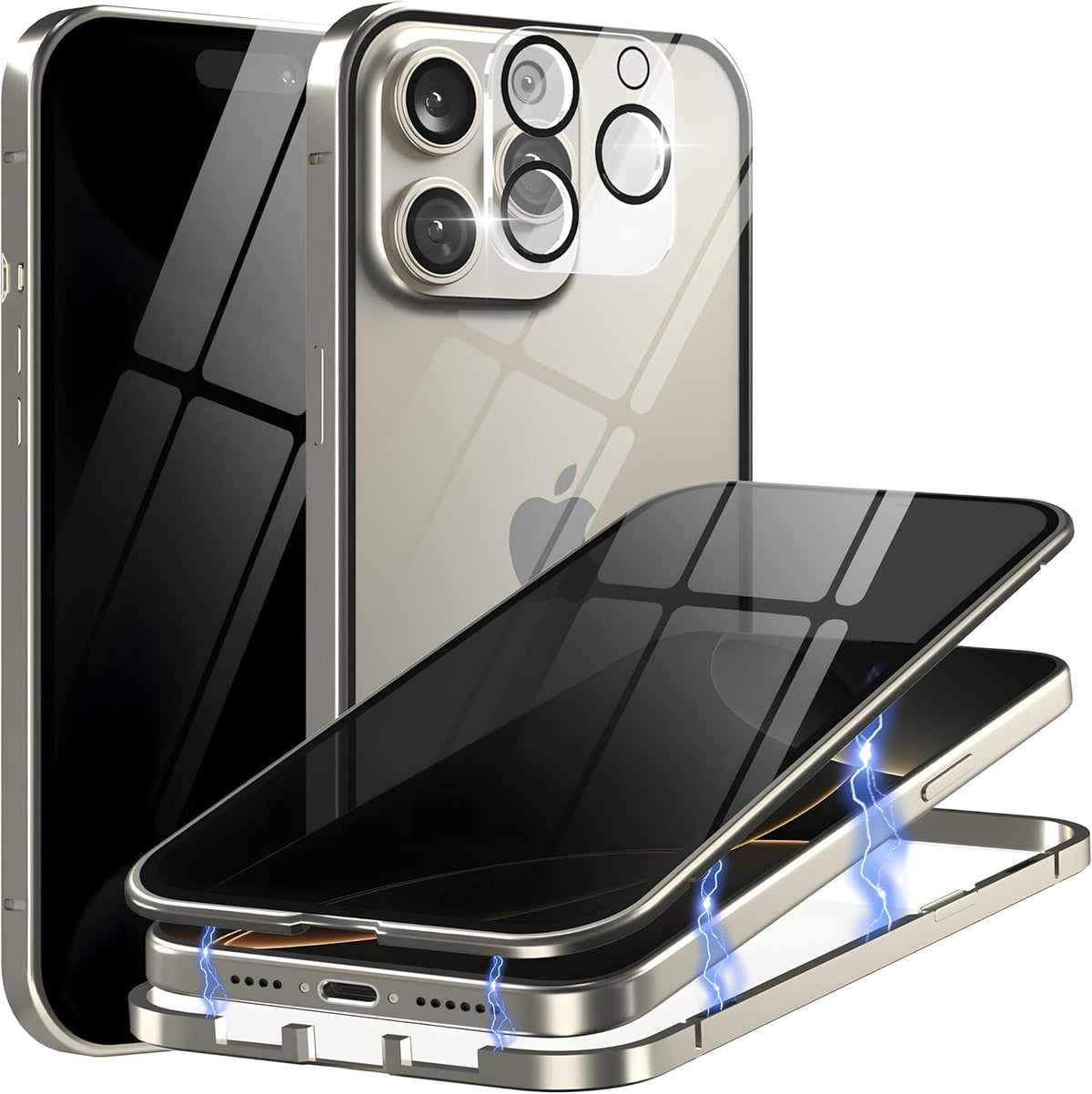 Privacy Magnetic Case for iPhone 16 Pro with Metal Titanium Frame Privacy Screen Protector & Camera Lens Protector, Magnetic Adsorption Double Sided Glass Case Anti Peep Anti Spy Phone Cover