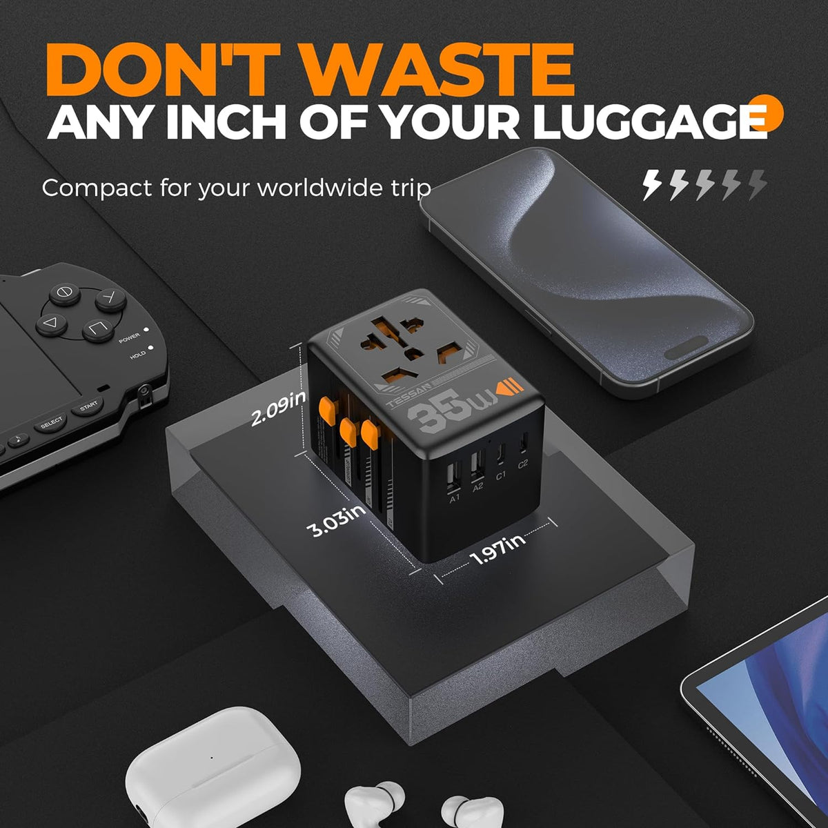 TESSAN Universal Travel Adapter, 35W International Plug Adaptor with 3 USB C and 2 USB A Charging Ports, Worldwide Power Outlet for US to European EU UK AUS Ireland(Type C/G/A/I)