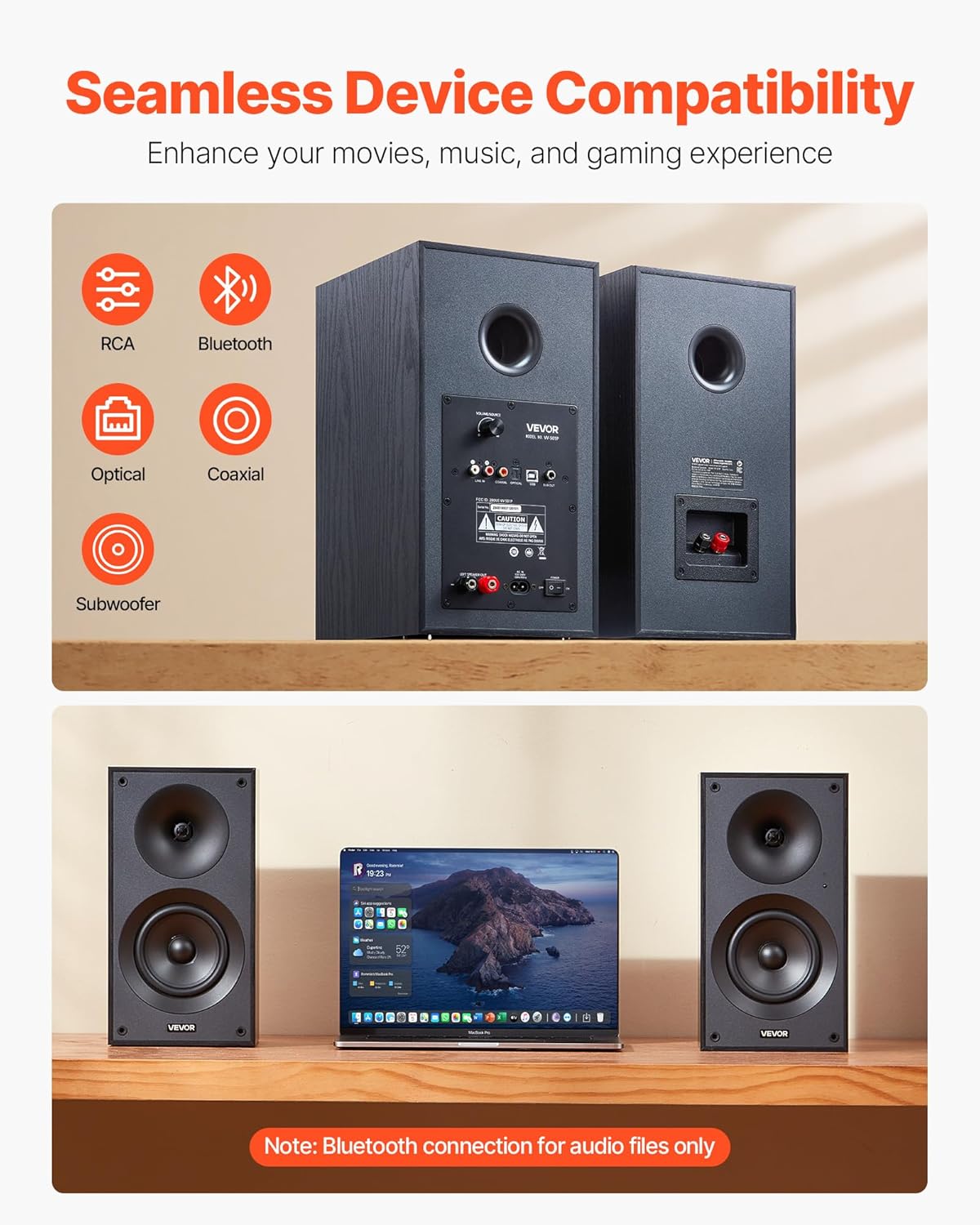 VEVOR Powered Bookshelf Speakers, 25W x 2, Active Studio Monitor Speaker with 5.25 Inch Woofer, Bluetooth/RCA/Coaxial/Optical/USB/Subwoofer Connection, Wooden Enclosure, for Record Player Turntable PC