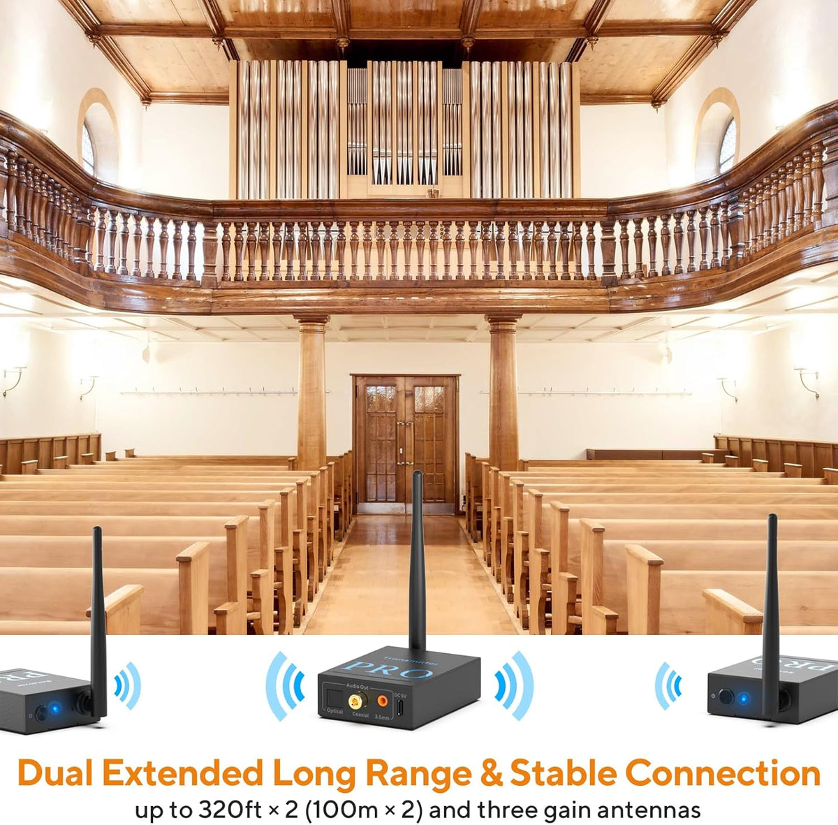 1Mii 3-in-1 2.4Ghz Wireless Audio Transmitter Receiver for 2 Subwoofer/Active Speaker/Power Amplifier, 20ms Low Latency, 320ft Range, Optical/Coaxial/3.5mm(RCA) Audio Input/Output
