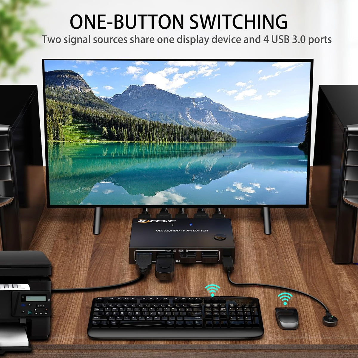 HDMI KVM Switch 1 Monitors 2 Computers 4K@60Hz, USB3.0 KVM Switches EDID Simulator 2 Ports for 2 PC Sharing Single Monitor and Keyboard Mouse with Wired Extend Controller and USB3.0 Cables