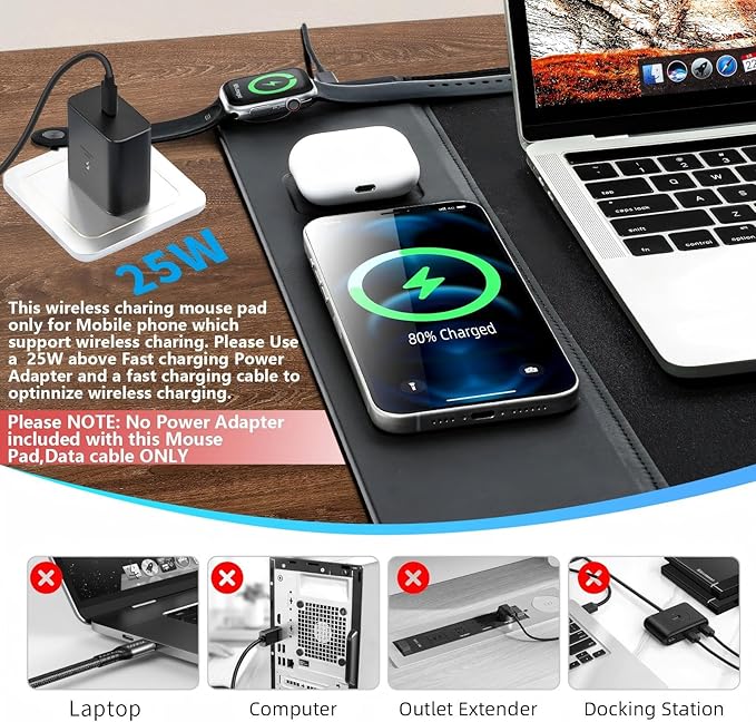 3 in 1 Wireless Charging Mouse Pad Gift for Dad/Office ManagerWireless Charger Compitable with iPhone/Watch/airpods. Wireless Charging Desk Mat 90 x 40cmBlack Topographic Computer Desk Pad