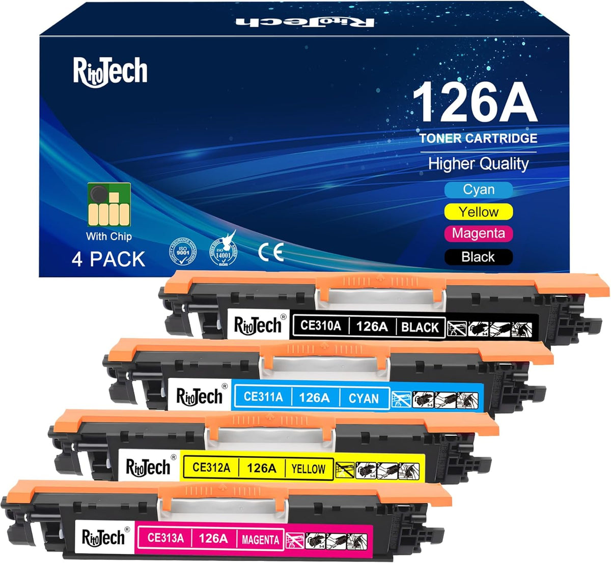 126A Toner Cartridge (with OEM CHIP),Replacement for HP 126 A CE310A CE311A CE312A CE313A for Laserjet Pro 100 Color MFP CP1025nw M175nw,M275 M275NW Printer, 4 Pack Black Cyan Magenta Yellow