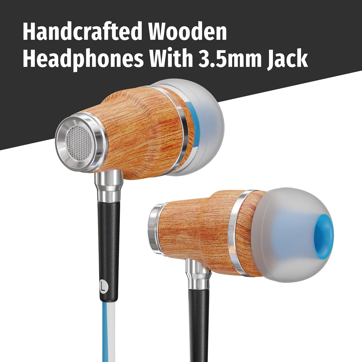 Symphonized NRG 3.0 Wired Earbuds with Microphone, Wooden Phone & Laptop Headphones, 90% Noise Cancelling Corded Earphones with 3.5mm Jack (Blue)