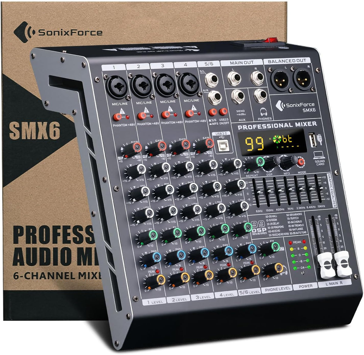 6 Channel Audio Mixer Sound Board Console System 99 DSP DJ Mixer 48V Phantom for Karaoke DJ Studio Streaming Recording