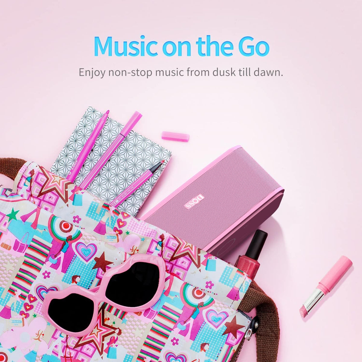 DOSS SoundBox Touch Wireless Bluetooth Speaker with 12W HD Sound and Bass, IPX5 Water-Resistant, 20H Playtime, Handsfree, Portable for Office, Home, Outdoor, Travel-Pink