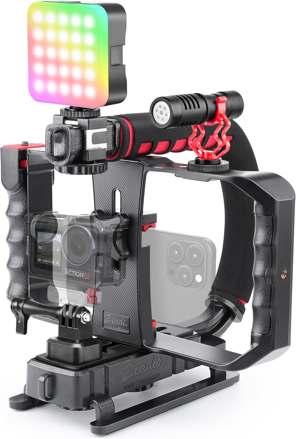 Zeadio Smartphone Camera Stabilizer Kit, Portable Handle Grip Handheld Video Rig with RGB Video Light and Microphone, Fits for All Camcorder, Camera, DSLR and All iPhone and Android Smartphones
