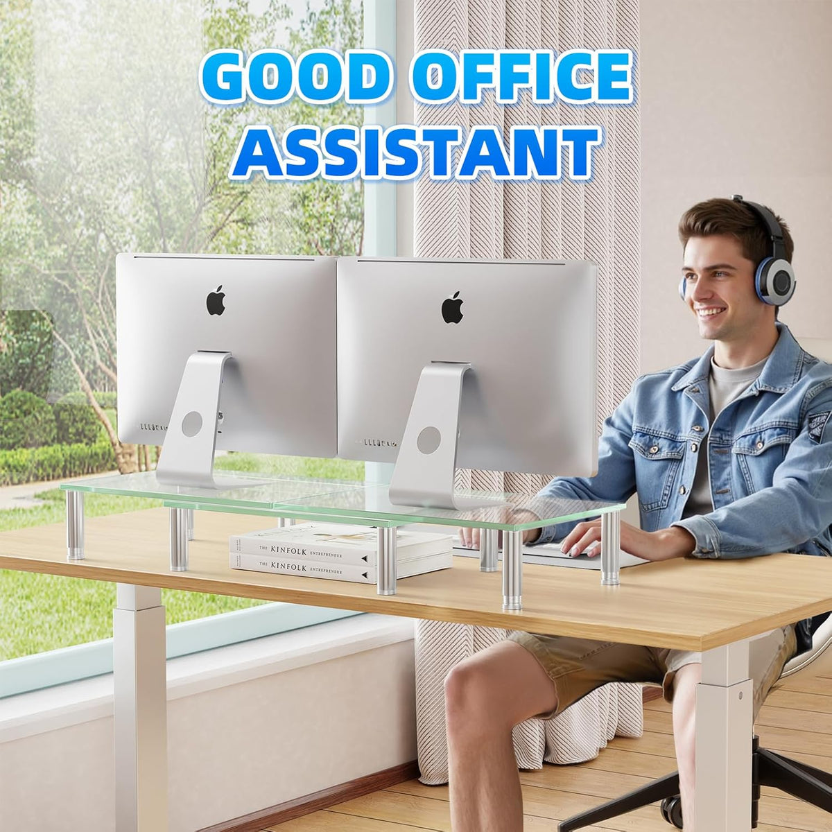 2 Simple Trending Dual Monitor Stand Riser, Computer Office Desktop Organizer for Monitors with Tempered Glass