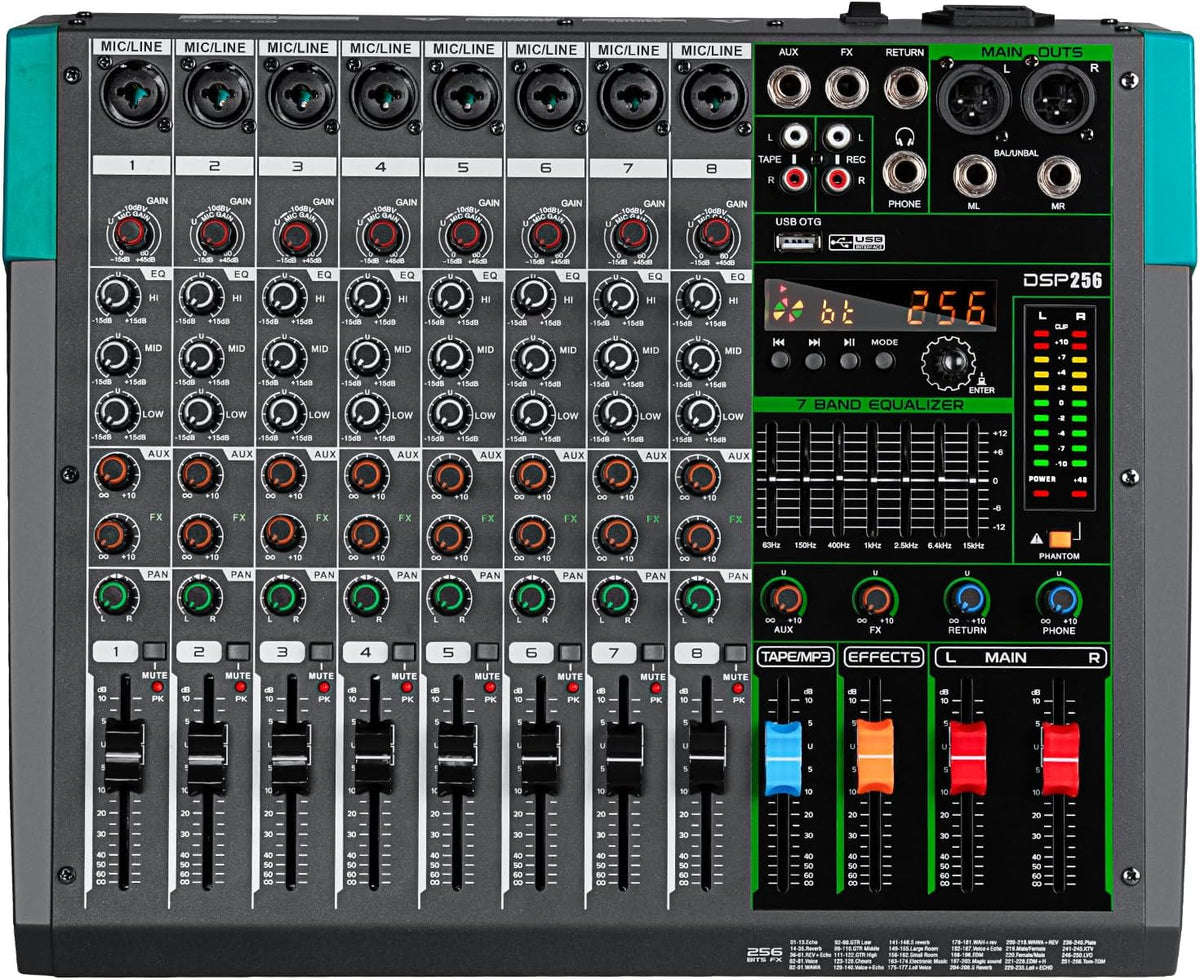 Depusheng PA8 Professional Audio Mixer Sound Board Console Desk System Interface 8 Channel Digital USB Bluetooth MP3 Computer Input 48V Phantom Power Built-in 256 Reverb Effect, Black