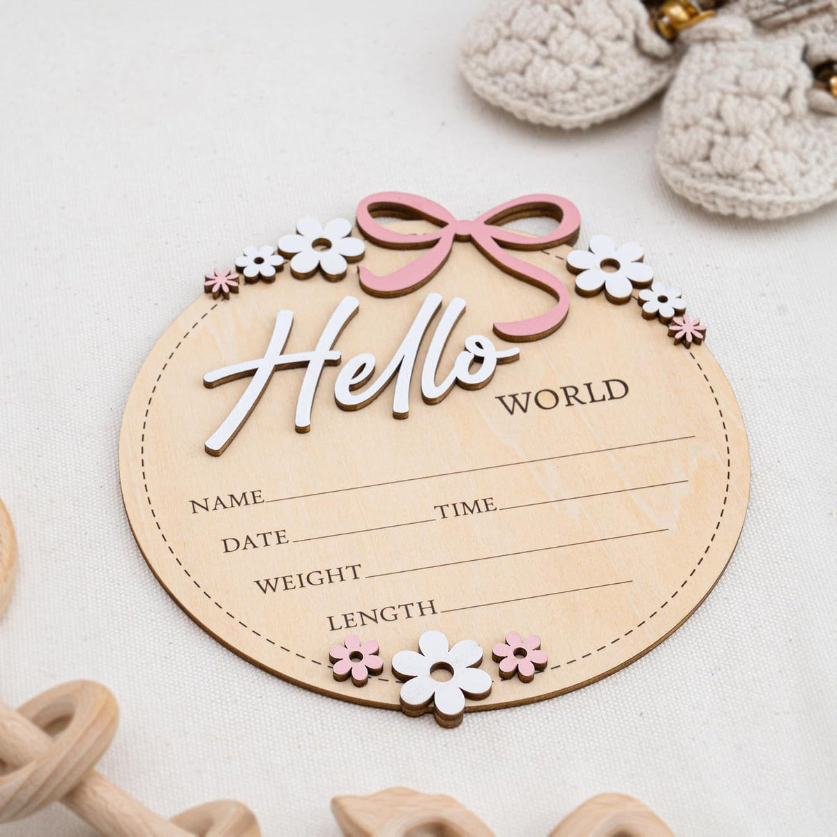 6 Inch Wooden Baby Announcement Sign Round Birth Stat Plaque with Floral and Bow Design (Hello World)