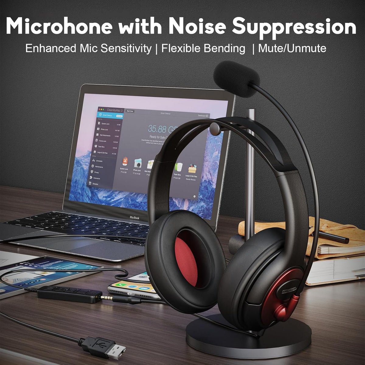 MAIRDI USB Headset with Microphone, Type-C/USB/3.5mm Jack 3-in-1 PC Headset, Computer Headset with Mic Noise Canceling for Teams Call Centers Skype Zoom Home Office Dragon Nuance Dictation