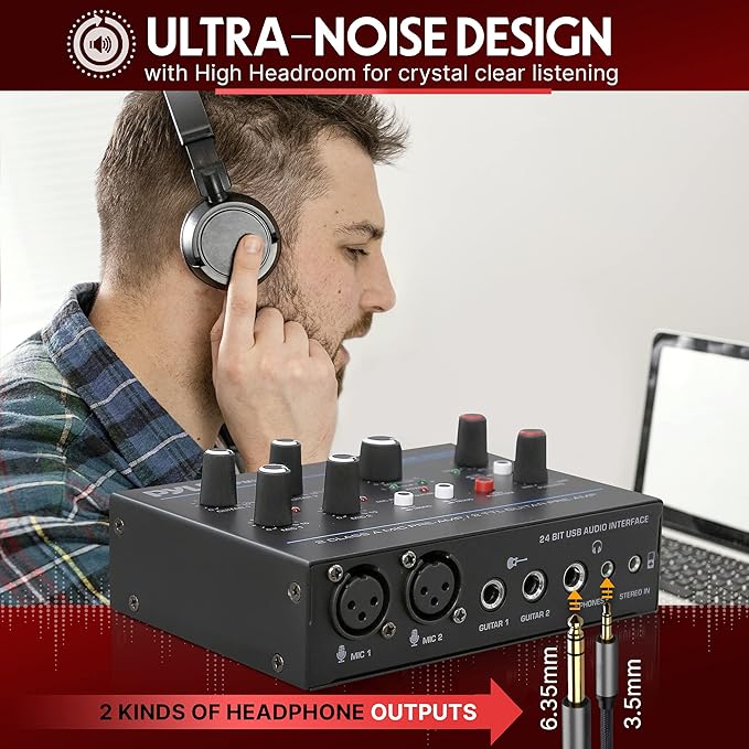 Pyle Professional USB Audio Interface with MIC, Guitar, AUX Stereo Inputs, Phone/Monitor Outputs, Ideal for Computer Playing & Recording, Compact Rugged Metal Housing - PMUX6