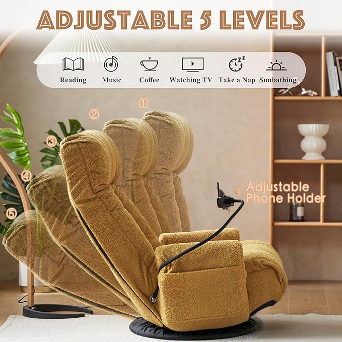 Ubyoee Swivel Floor Chair 5 Adjustable Positions Meditation &amp Gaming Teddy Indoor Lounge Chair for Living Room Yellow