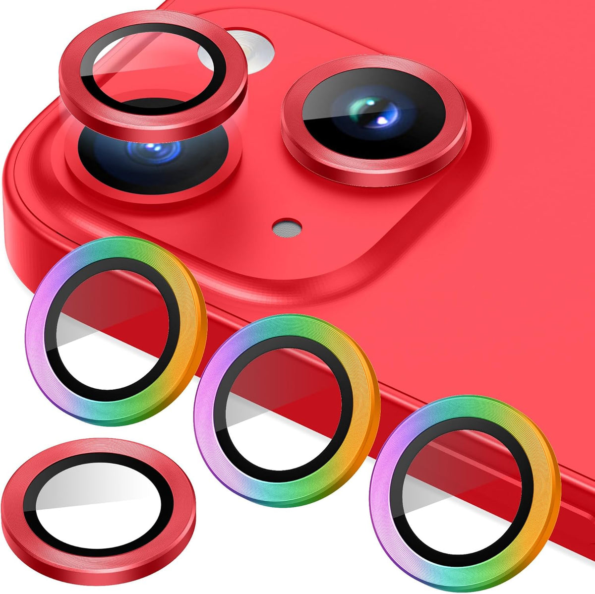 AGVEE 3+3 6 Pack for iPhone 14 6.1" / 14 Plus 6.7" Camera Lens Cover Protector, Metal Ring 9H Tempered HD Glass Camera Cover Protector Film, Red