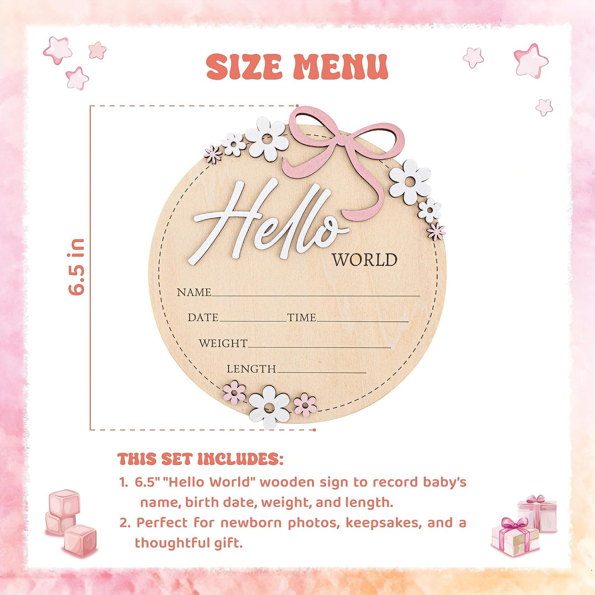 6 Inch Wooden Baby Announcement Sign Round Birth Stat Plaque with Floral and Bow Design (Hello World)