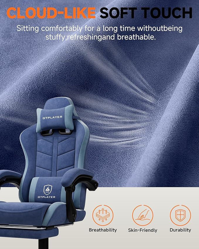 GTPLAYER Gaming Chair with Footrest Computer Gaming Chair for Adults and Kids Height Adjustable Gamer Chair with 90-155° Recline &amp Removable Headrest Lumbar SupportPerformance Fabric Blue