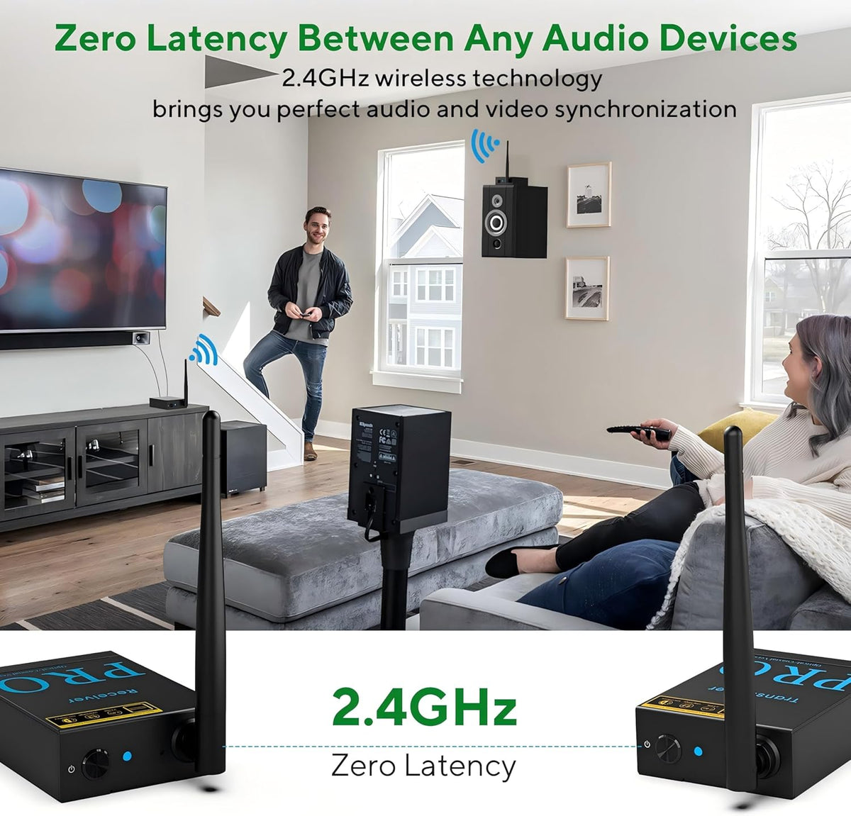 1Mii 2.4GHz Wireless Audio Transmitter and Receiver, HiFi Audio, 20ms Low Latency, 320ft Long Range Wireless Subwoofer Kit for Speaker/Stereo/Soundbar,Optical/Coaxial/3.5mm(RCA) Ports.