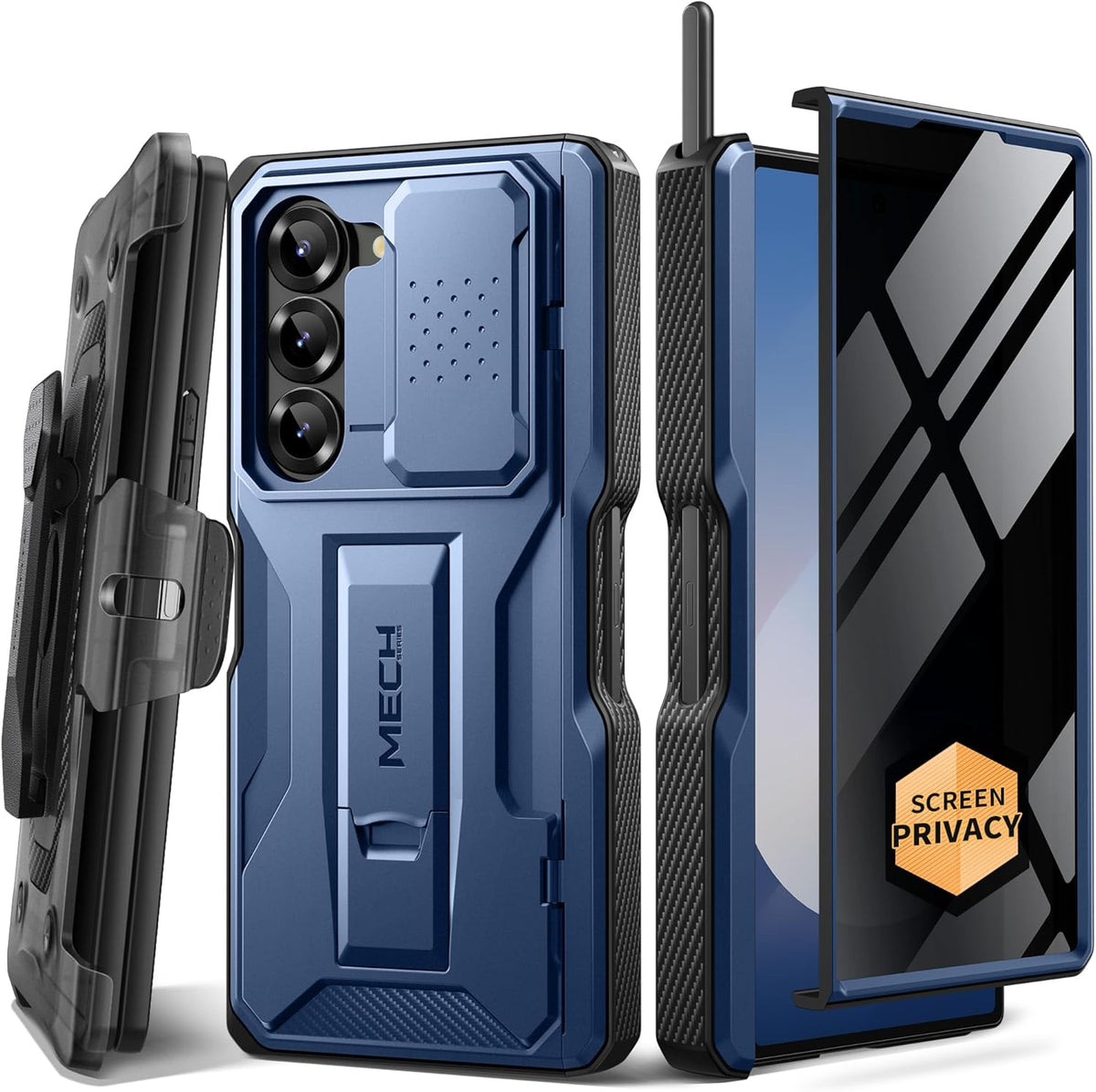TONGATE for Z Fold 6 Case, [with S Pen Slot & Hinge Protection] [Privacy Glass Screen Protector] Full-Body Military Drop Phone Case for Samsung Galaxy Z Fold 6 with Kickstand & Belt Clip, Blue Privacy
