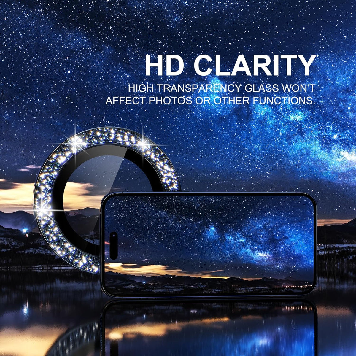Choiche Compatible for iPhone 15 Pro/iPhone 15 Pro Max Camera Lens Protector Bling, 9H Tempered Glass Camera Cover Screen Protector Metal Ring Decoration Accessories (Glitter-Blue)