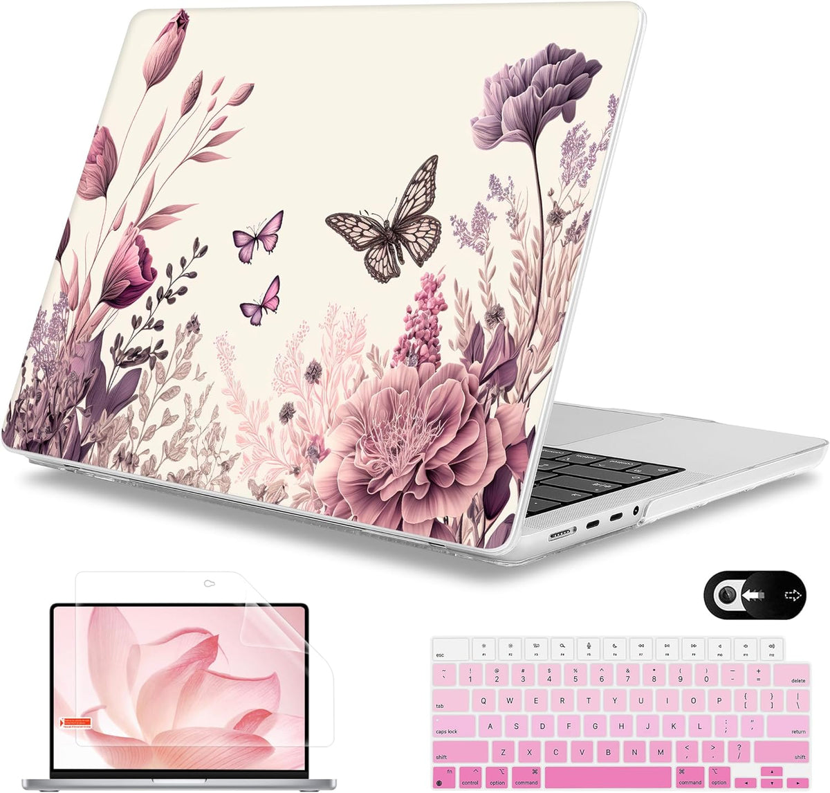 Mektron Case for MacBook Pro 16" M4 A3403 A3186 M3 A2991 M2 A2780 M1 A2485 (2021/2023/2024) Pro/Max with Touch ID, Hard Shell Plastic Laptop Cover Keyboard Cover, Butterfly Flower C074