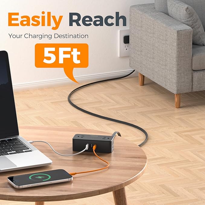 TESSAN Extension Cord 5 FT, Power Strip with 900J Surge Protection, Black