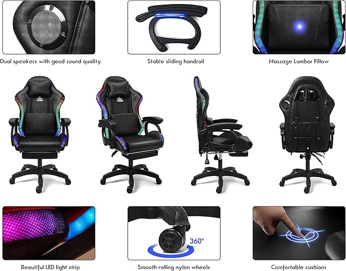 Massage Gaming Chair with Speakers and LED Light Ergonomic Computer Gaming Chair with Footrest and Adjustable Lumbar Support PU Leather 90°-135° Racing Video Gaming Chair.Pink