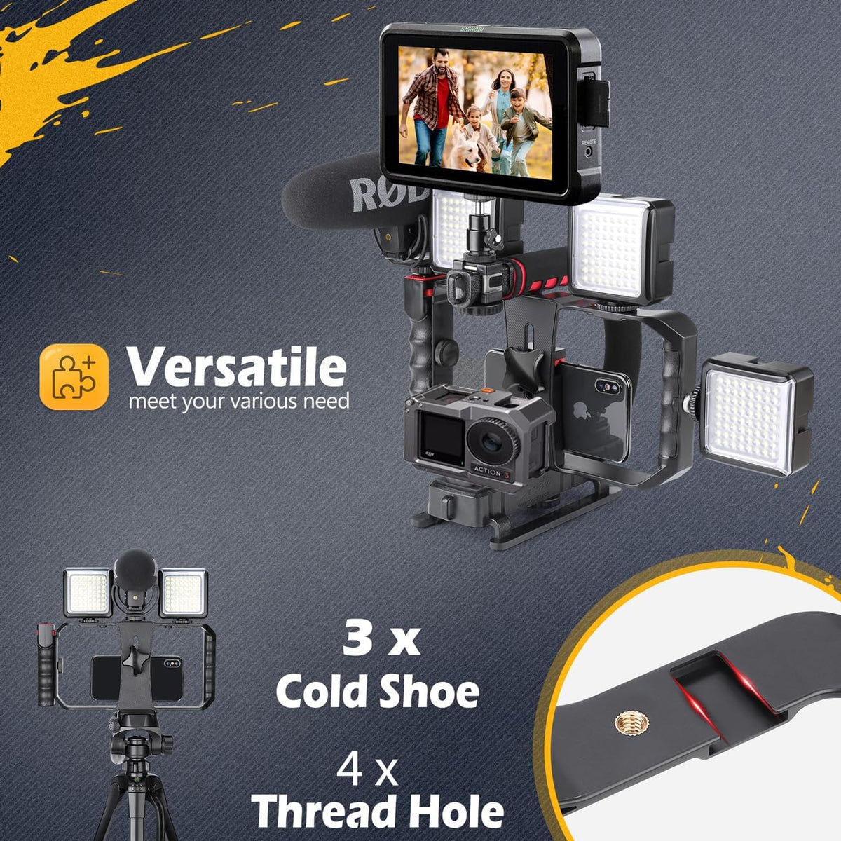 Zeadio Camera Handheld Stabilizer with Smartphone Video Cage Rig, Triple Cold-Shoe Handle Grip Compatible with All Camera Action Camera DSLR Smartphone